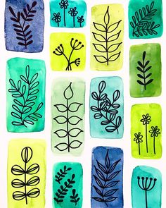 an art project with watercolors and ink on paper depicting different types of plants