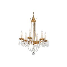 a gold chandelier with crystal drops hanging from it's center, on a white background