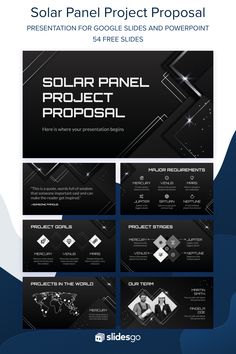 the solar panel project presentation is shown in black and white, with an abstract background