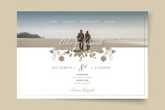 an elegant wedding announcement card with two people walking on the beach in front of the ocean