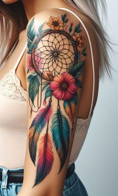 Dreamcatcher Tattoo Sleeve, Floral Dream Catcher Tattoo, Sunflower Dreamcatcher Tattoo, Tattoo Ideas Dream Catcher, Tara Tattoo, Dreamcatcher Tattoo Thigh, Indian Feather Tattoos, Lower Leg Tattoos, Camera Tattoos