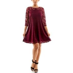 Illusion Trapeze Dress | Nina Leonard Women's Illusion Trapeze Dress Burnout Fabric, Trapeze Dress, Clothing Size Chart, Womens Clothing Sizes, Women's Dress, Cocktail Dress Party, Deep Red, Gender Female, Age Group