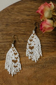 Heart of Gold / Seed Beaded Earrings / Valentines Day Gift for - Etsy Beaded Bridal Earrings, Valentines Day Beaded Earrings, Heart Bead Earrings, Neutral Beaded Earrings, Beaded Earrings For Wedding, Crafty Jewelry, Seed Beaded Earrings, Earring Inspo, Seed Bead Jewelry Patterns