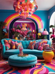 a living room with colorful furniture and decorations