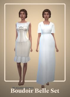 two women in white dresses standing next to each other