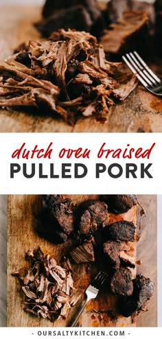 pulled pork on a wooden cutting board with text overlay