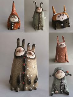 four ceramic figurines in different styles and colors