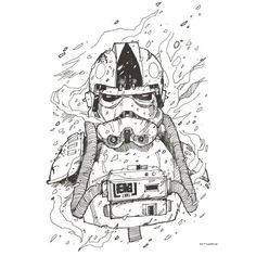 a drawing of a storm trooper with fire coming out of his helmet and holding a radio