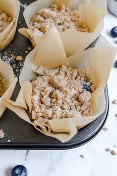 blueberry crumb muffins sitting on top of a baking pan with fresh blueberries