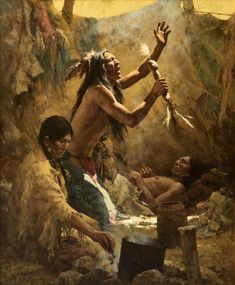 a painting of native americans in the wilderness with their hands out to touch something while others look on