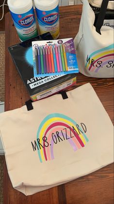 a bag with markers, crayons, and other items on top of it