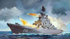 a painting of a battleship with fire coming out of it