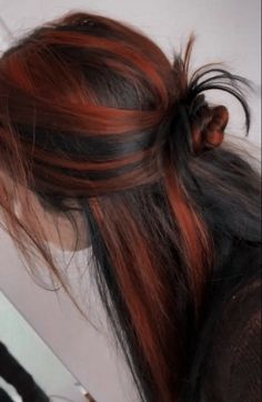 Copper With Black Highlights, Brown Hair Copper Peekaboo, Brunette Orange Highlights, Red Hair With Brown Undertones, Red Hair Black Peekaboo, Auburn Peekaboo Highlights, Dyed Hair For Brown Skin Tone