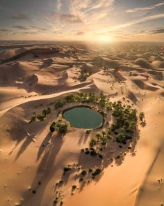 an aerial view of the desert with a small lake surrounded by sand dunes and palm trees