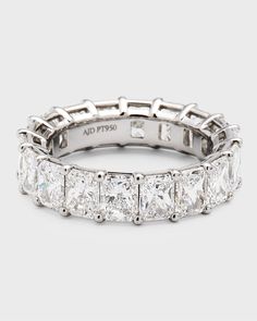 Neiman Marcus Diamonds ring    Approx. ring size 6    Platinum with 18 radiant diamonds    FG/VS diamonds; 7.38 total carat weight    Made in USA Diamond Eternity Bands For Women, Thick Diamond Wedding Band, Marquise Eternity Band, Rope Wedding Band, Round Diamond Eternity Band, Diamond Half Eternity Band, Colored Diamond Rings