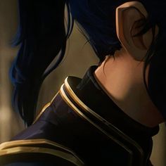 an animated image of a woman with blue hair and piercings on her ears looking at something