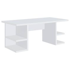 a white desk with shelves on the bottom and one shelf below it, in front of a white background