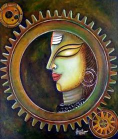 a painting of a woman's face in a circular frame with gears and circles around it