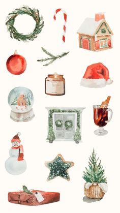 watercolor painting of christmas items and decorations