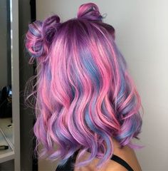 Grey Hair With Pink Highlights, Hair Space Buns, Pink And Blue Hair, Unicorn Hair Dye, Unicorn Hair Color, Cute Hair Colors, Candy Hair, Hair Dyes