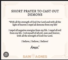 a prayer card with the words, short prayer to cast out demonss on it