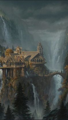 a painting of a castle on top of a waterfall with a bridge in the foreground