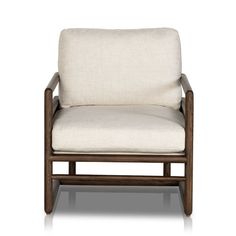 a wooden chair with a white upholstered back and seat cushion on an isolated background