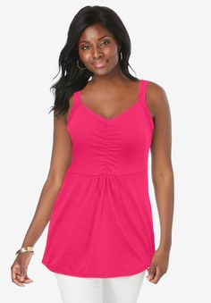 This plus size cami has feminine shirring and an empire waist that make it much more than just your basic tank top. in a shaped fit for a graceful silhouette30" lengthV'd neckline wide bra-friendly straps cotton/spandex machine wash; imported Occasion Dresses Wedding, Tunic Tank Tops, Stretch Top, Swimsuits For All, Sweater Tank Top, Ladies Of London, Cocktail Dress Party, Basic Tank, Empire Waist