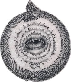 a drawing of an eye in the center of a snake's head with leaves around it