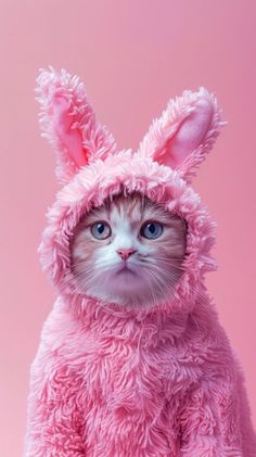 a cat in a pink bunny costume on a pink background with the caption that says,