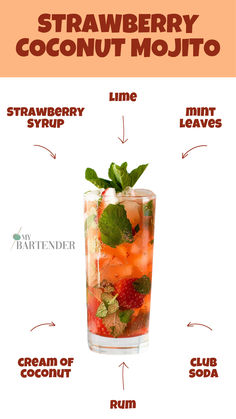 Strawberry Coconut Mojito Mojito Syrup, Strawberry Cocktail Recipe, Coconut Cocktails, Rum Cocktails Easy