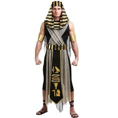 an egyptian man dressed in black and gold with his hands on his hips, standing against a white background