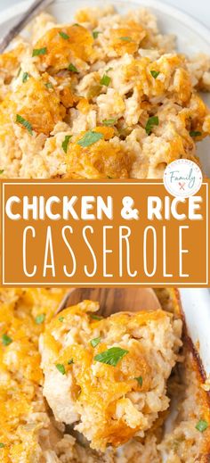 chicken and rice casserole on a plate with a wooden spoon