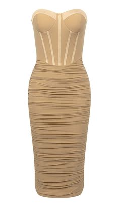 a women's tan bandaged dress with straps on the waist and bustier