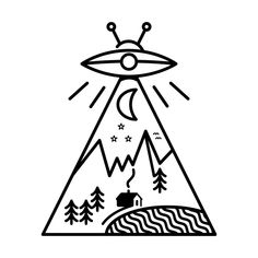 a black and white drawing of an alien ship floating in the sky over mountains with trees