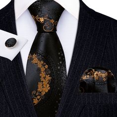 What You Get: Tie, Pocket Square & Cufflinks SIZE: Approx. 59" Long, 3.35" Wide at the Tip, Pocket Square Size: 9"x 9" Black And Gold Mens Outfit, Necktie Knots, Men Attire, Masquerade Prom, Necktie Set, Business Party, Silver Silk, Nails Colors, Dapper Gentleman