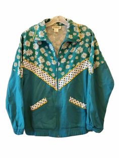 VINTAGE 80s Rafael Womens Track Jacket Medium Flora Teal Zip Cotton Blend Pocket. Condition is "Pre-owned". New vintage No flaws Listing and template services provided by inkFrog 80s Jackets Women, Teal Aesthetic Outfit, Bright Cottagecore, 80's Clothes, Tmnt Oc, Vintage 80s Clothing, 80s Womens Fashion, 80s Clothes, 80s Denim