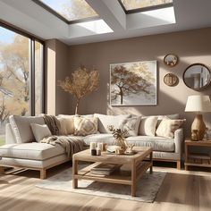 a living room filled with furniture next to a large window covered in lots of windows