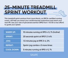 the 25 - minute treadmill sprint workout is shown in blue and has information about how to use it