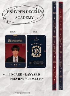 the front and back cover of an enhypen deceis academy student's id card