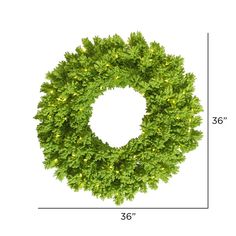 a green wreath with white lights is shown on a white background and measurements for the size