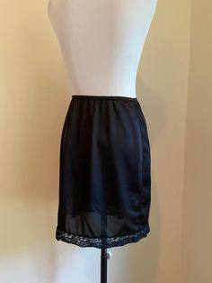 "Vassarette a division of Musingwear, Medium 12 inches across was it unstreched, 18\" long black half slip, 1960's" Fitted Black Skirt For Daywear, Side Kick, Half Slip, Silk Shirt, Long Black, Red White Blue, First Night, Dresses Xs, White House Black Market