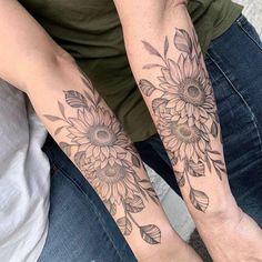 two people with tattoos on their arms and legs, both have sunflowers on them