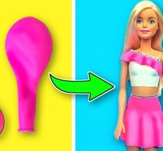 the barbie doll is wearing a pink skirt and white top with a green arrow pointing to it