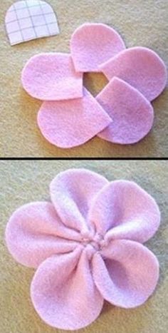 two pictures showing how to make a flower out of felt