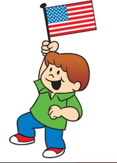 a little boy holding an american flag in his hand and waving it on the other side