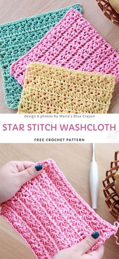 crochet star stitch washcloth is shown in three different colors, and the pattern has