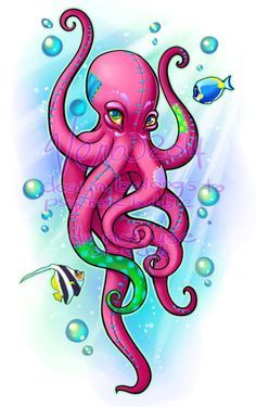 an octopus is swimming in the ocean with bubbles and fish on it's back