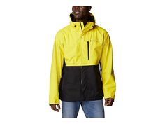 Columbia Hikebound Jacket - Men's Clothing : Laser Lemon/Black : Go on a trail well-prepared, prepared in the Columbia Hikebound Jacket. Hooded with adjustable drawcord for protection from elements. Omni-Tech waterproof/breathable fully seam sealed with thermal reflective lining reflect warmth back to you. Bindings at cuffs seal out winter winds during hiking. Water resistant and zippered hand and chest pockets. Fully lined 100% polyester 2L shell. Zipper down front. 100% polyester soft dobby. M Fall Outdoor Windbreaker With Reflective Details, Sporty Weatherproof Outerwear For Camping, Fall Windbreaker With Reflective Details For Outdoor Activities, Winter Outdoor Outerwear With Reflective Details, Winter Outerwear With Reflective Details For Outdoor, Winter Outdoor Reflective Outerwear, Reflective Winter Outerwear For Outdoor Activities, Yellow Windproof Windbreaker For Outdoor, Yellow Waterproof Windbreaker For Outdoor Activities