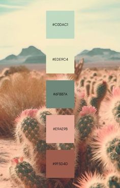 the color palette is different shades of green, pink, and blue in this desert scene